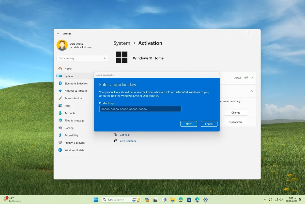 Windows 11 Home Activation settings showing activation status and the upgrade edition option