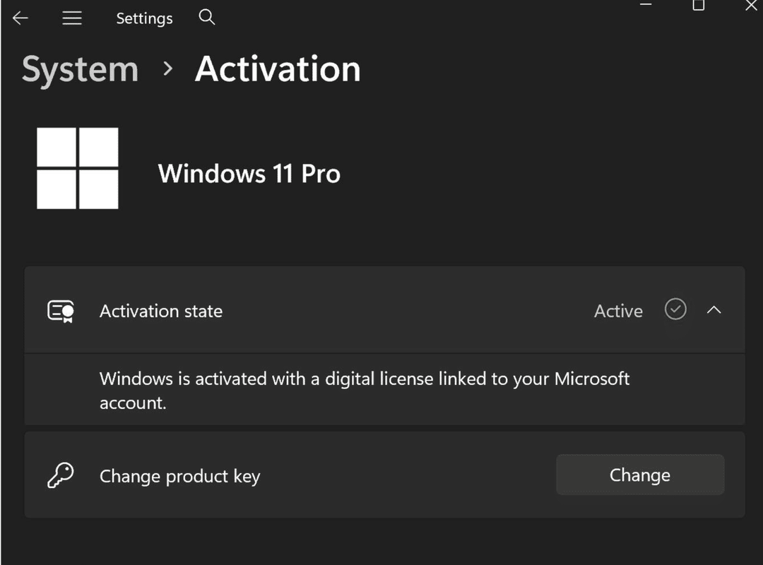 Windows 11 Settings showing the Activation page and Windows activation status