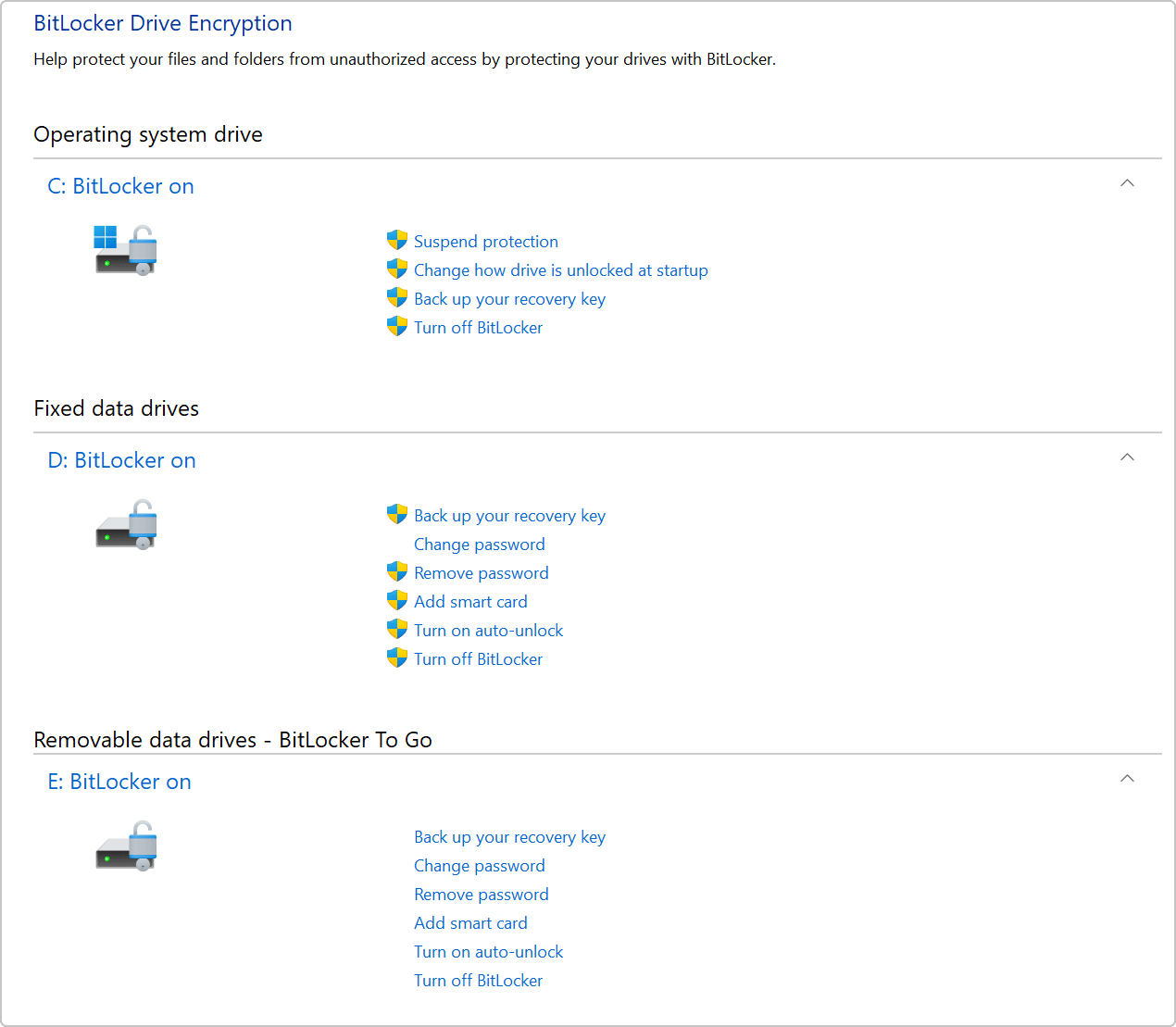 Windows BitLocker Drive Encryption interface showing encrypted drives